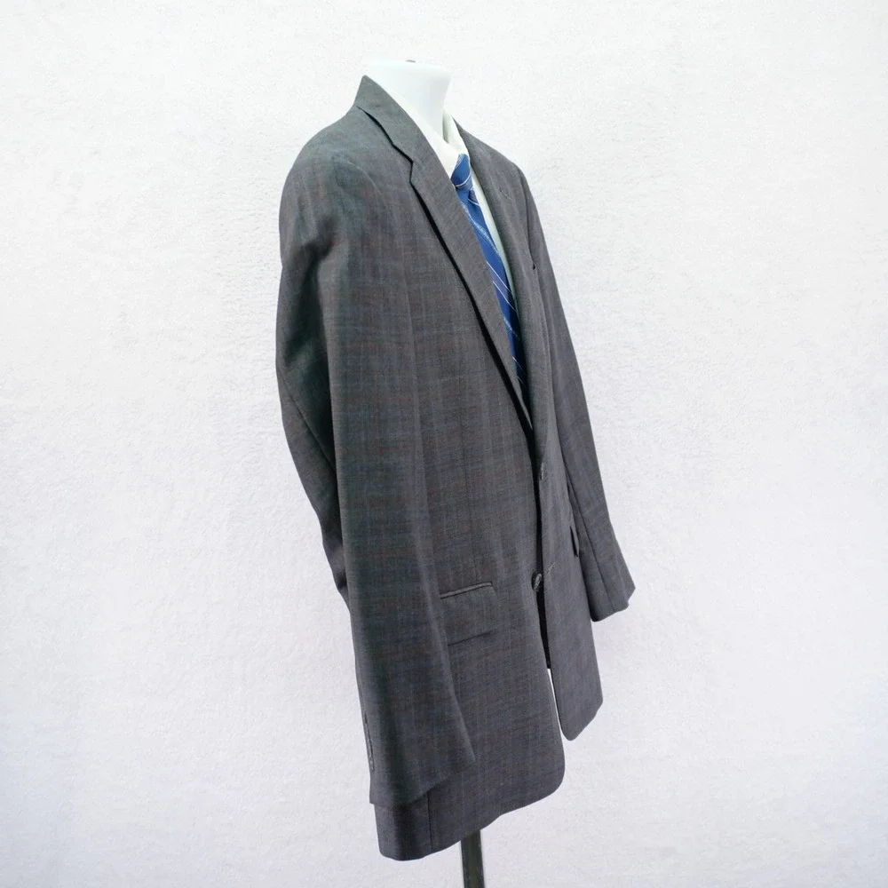 Hart‎ Schaffner Marx Gold Trumpeter Gray Wool Plaid W/ Red Blue Windowpane 40R